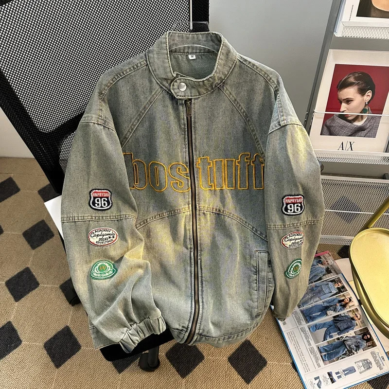 Trendy High Street Denim Jacket Loose Fit Vintage Motorcycle Dirt Colorful Letter Printed Jacket Casual Street Style For Men 240830