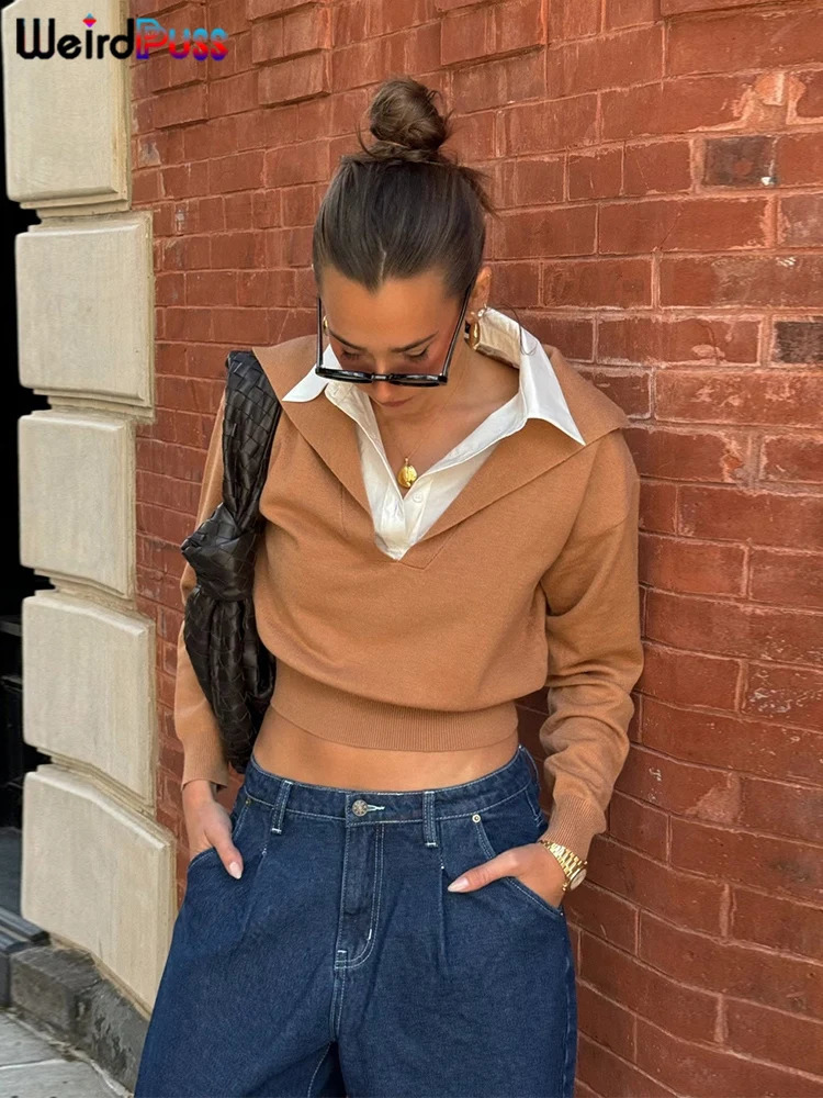 Weird Puss Contrast PoloNeck Crop Top Autumn Button Patchwork Full Sleeve Stretch Simple Versatile Classic Trend Apparel 240830