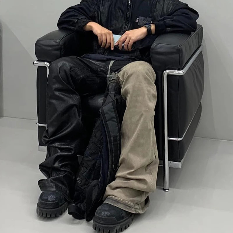 FEWQ Men Pants Washed Spliced Brushed High Street Niche Stacked Jeans Versatile 2023 Contrast Color Fashion Autumn 240826Z