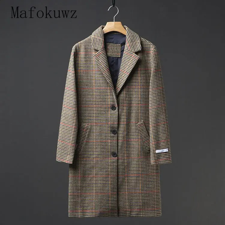 Autumn Winter Retro British Style Mid-length Plaid Woolen Coat Fashionable Loose Casual High Street Windbreakers Male Clothes 240830