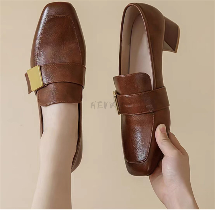 Leather Women Fashion Pumps Square Toe Thick Heel Mary Jean Slip On Elegant temperament Daily New Shoes Handmade 4f38