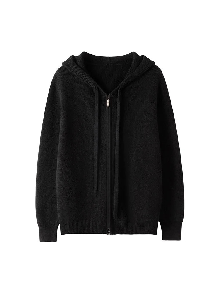 Autumn Winter Knitwear 100% Merino Wool Women Sweater Hooded Solid Color Cashmere Cardigan Long Sleeve Casual Clothing Tops 240830