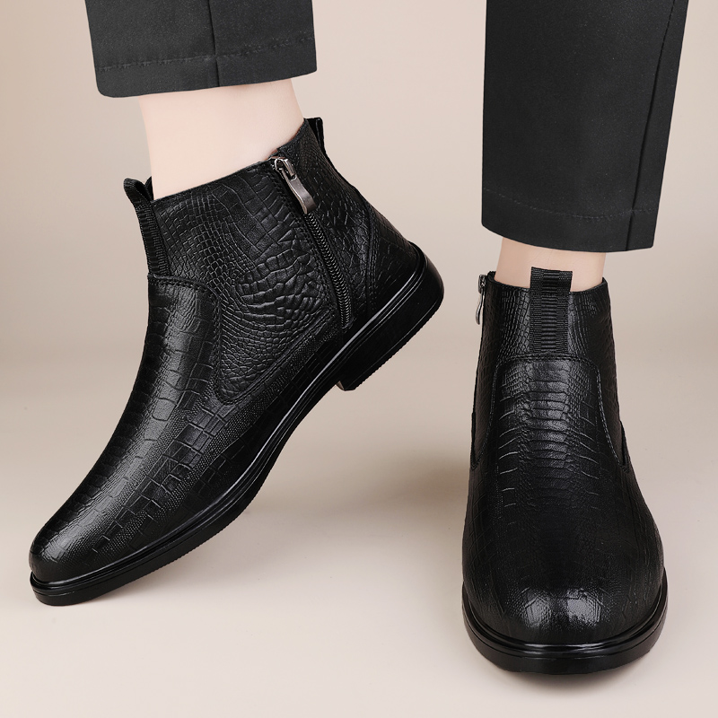 Fashionable Business Combat Boots for Men Autumn /Winter New Classic Black Zipper Side Crocodile Pattern Comfortable Short Boots