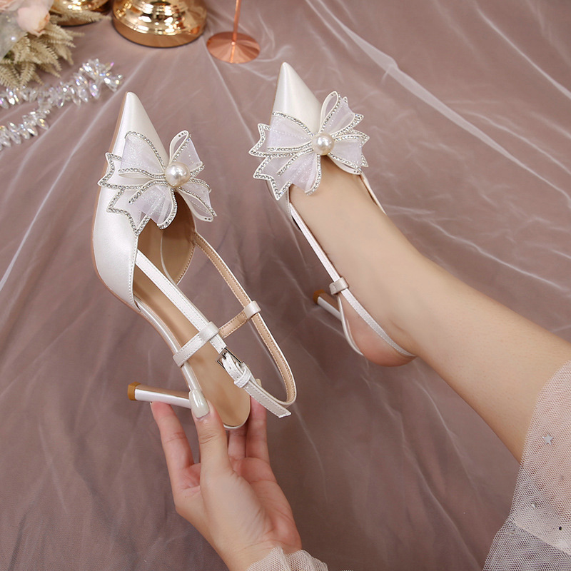 White 2024 New Butterfly-knot Wedding Satin High Heels Women New Bridal Shoes Fairy Wind 9cc2