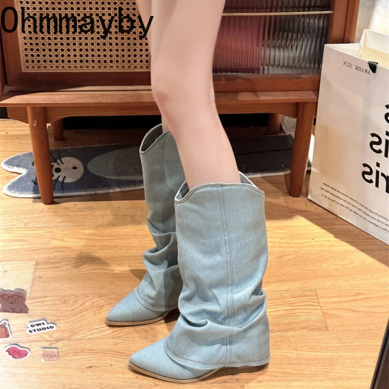 Western Women Cowboy Boots Fashion Slip On Thick Heel Long Booties Retro Style Autumn Winter Female Denim Shoes ac64