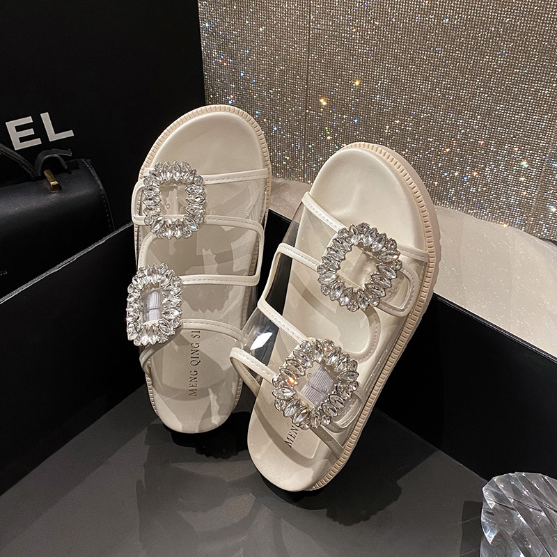 2025 Woman Slippers Clear Band Crystal Buckle Shoes Ladies Flipps Home Femmes Flats Summer Transparent Slides Sandali 4b20