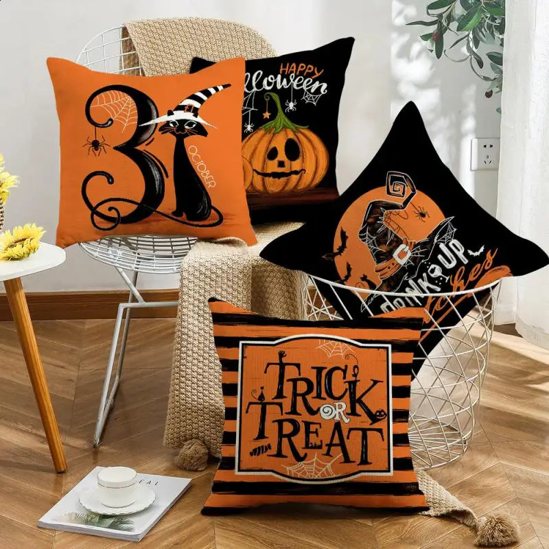 45Cm Halloween Pillowcase Home Decorative Sofa Cushion Covers Pumpkin Cat Witch Hat Printed Throw Pillow Cover 240830