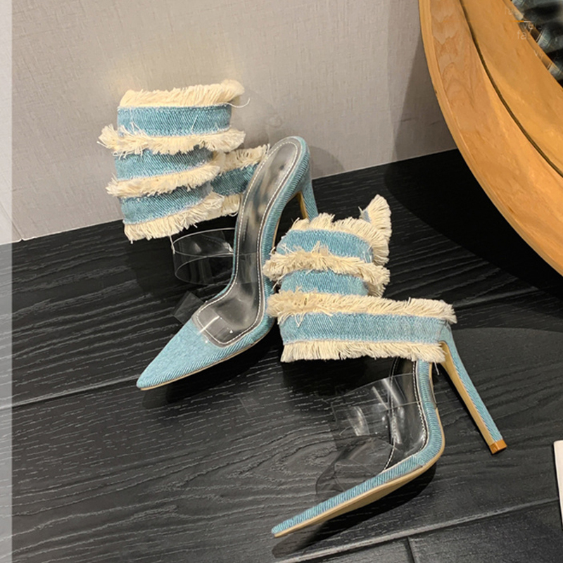 New 2024 Liyke New Design Denim Ankle Snake Surround Strap Sandal Women Transparent PVC Summer High Heels Party Stripper Shoes Pumps 1e25
