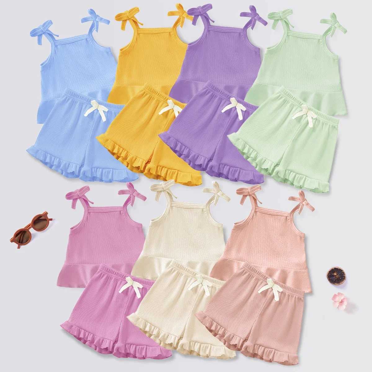 Baby Girl Summer Set 2 Piece Set with Ruffle Edge Sling and Ruffle Edge Shorts Soft Fabric for Going Out Home or Par Wear W250218