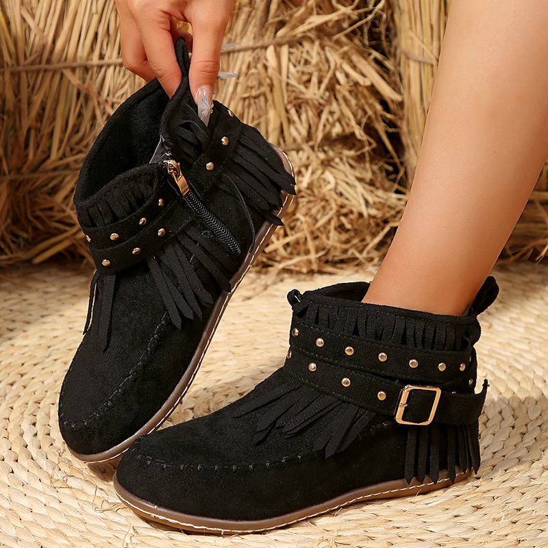 Winter Women Large Size Rivet Woman Retro Ethnic Western Cowboy Block Flat Heels Tassel Fringe Ankle Boots bf3a