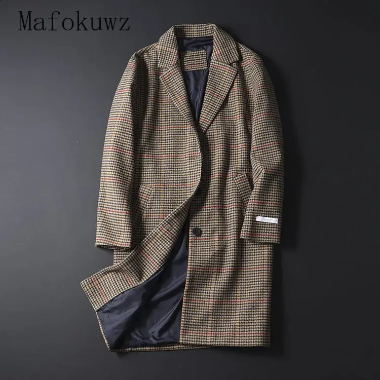 Autumn Winter Retro British Style Mid-length Plaid Woolen Coat Fashionable Loose Casual High Street Windbreakers Male Clothes 240830