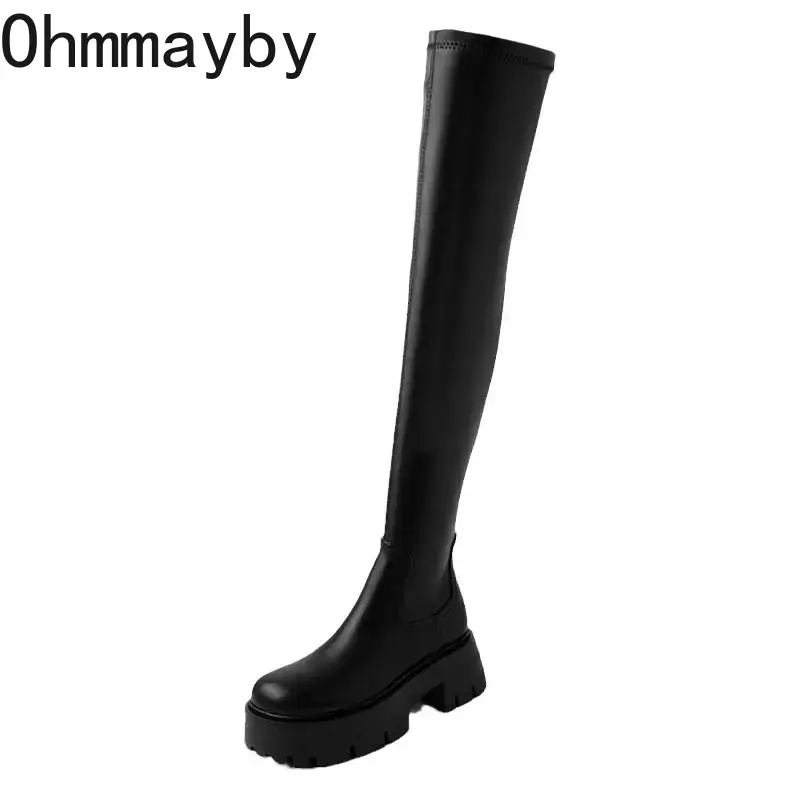 Winter Autumn Stretch Over The Knee Boots Women Fashion Round Toe Square Platform Thick Heels Long Booties d450