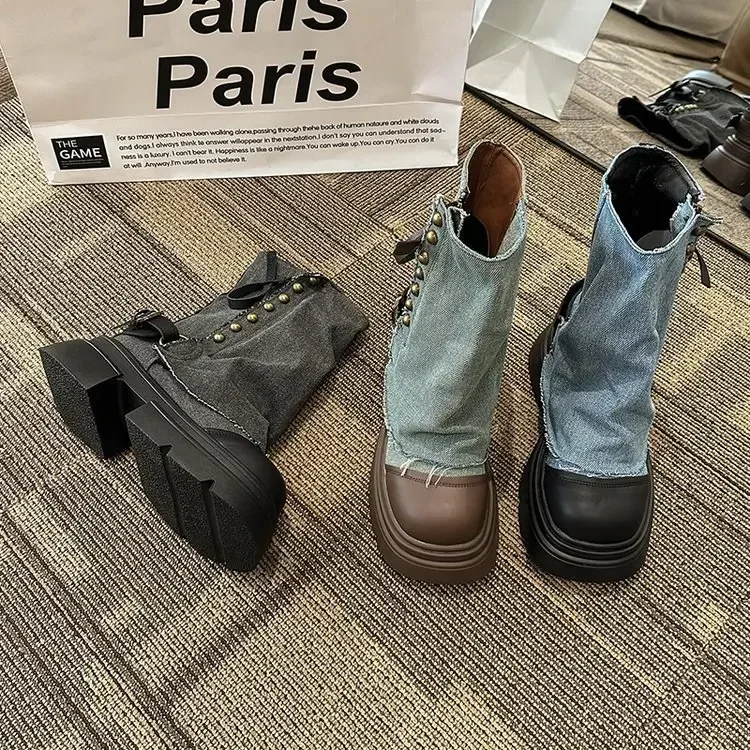 Designer Women Western Denim Short Rivet Ankle Boots Fashion Slip on Thick Bottom Platform Shoes 2052 ac6f