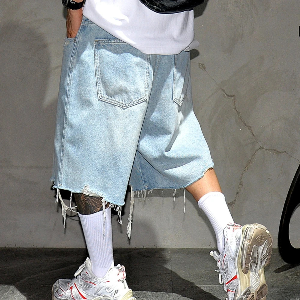 Rough American streetwear Selvedge ripped Jorts Korean hiphop blue denim shorts trend mens summer skateboarding jeans 240830