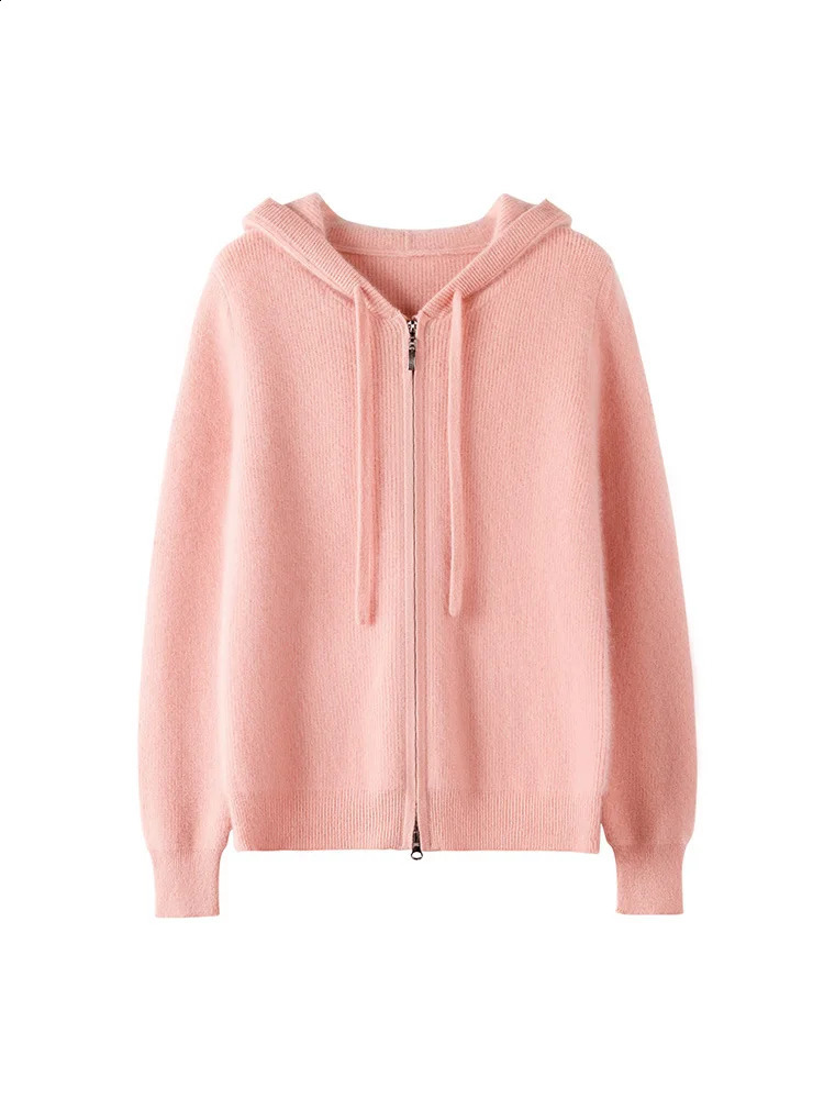 Autumn Winter Knitwear 100% Merino Wool Women Sweater Hooded Solid Color Cashmere Cardigan Long Sleeve Casual Clothing Tops 240830