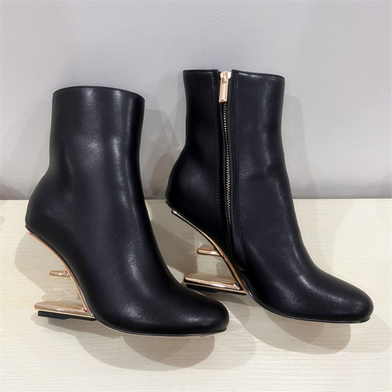 Fashion Black Women Letter Strange High Heel Ankle Boots Ladies Wedge Dress Shoes Autumn Winter Leather Short Botas Mujer Wedges