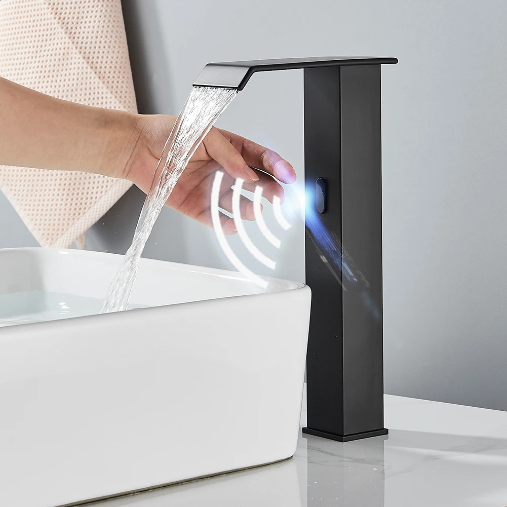 Rozin Black Intelligent Sensor Bathroom Basin Faucet Touchless Automatic Blender Waterfall and Cold Water Crane 240830