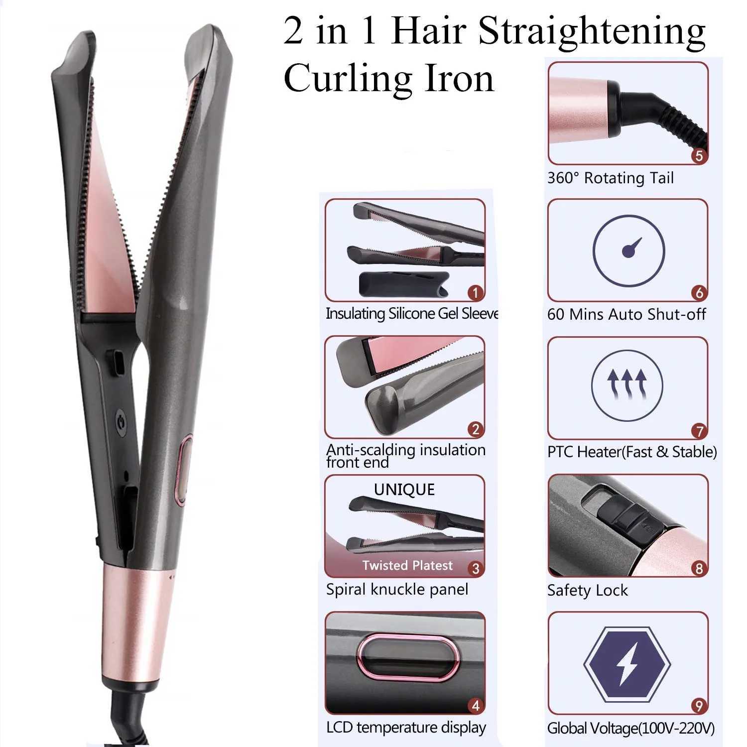 Professional Hair Straightener 2-In-1 Straight Curler Tourmaline Ceramic Heating Plate Curling Twisted Flat Iron Hair Styling W250610
