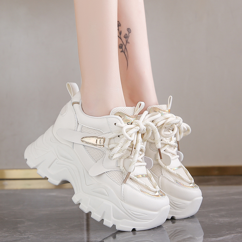 Women's Fashion White Chunky Sneakers Thick Bottom Lace Up Vulcanized Shoes Woman Non Slip Platform Sports Shoes for Lady