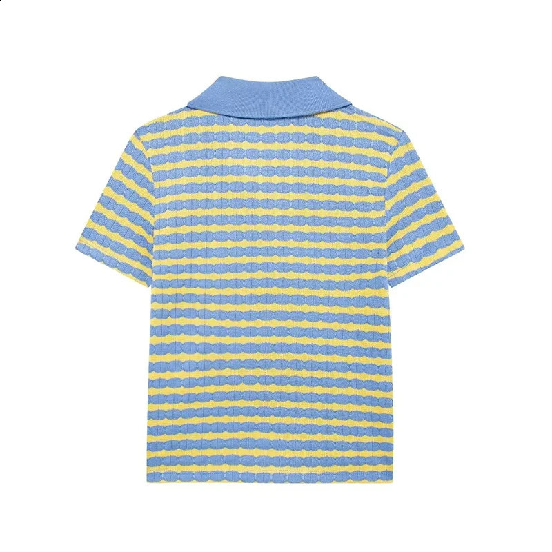 YUEYANG Women Fashion Chic Striped Jacquare Knit Polo Tshirts Female Short Sleeves Casual Tops Streetwear 240830