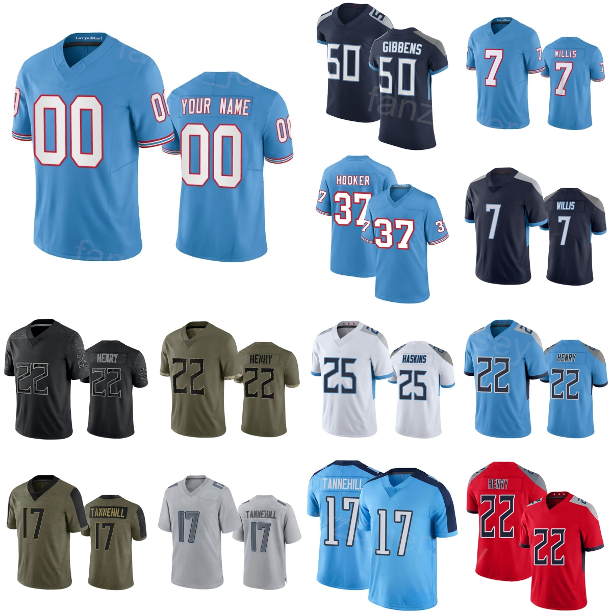 Team Football 50 Jack Gibbens Jersey Man Woman Youth 17 Ryan Tannehill 22 Derrick Henry 7 Malik Willis 25 Hassan Haskins 93 TVondre Sweat 55 JC Latham Navy Blue White