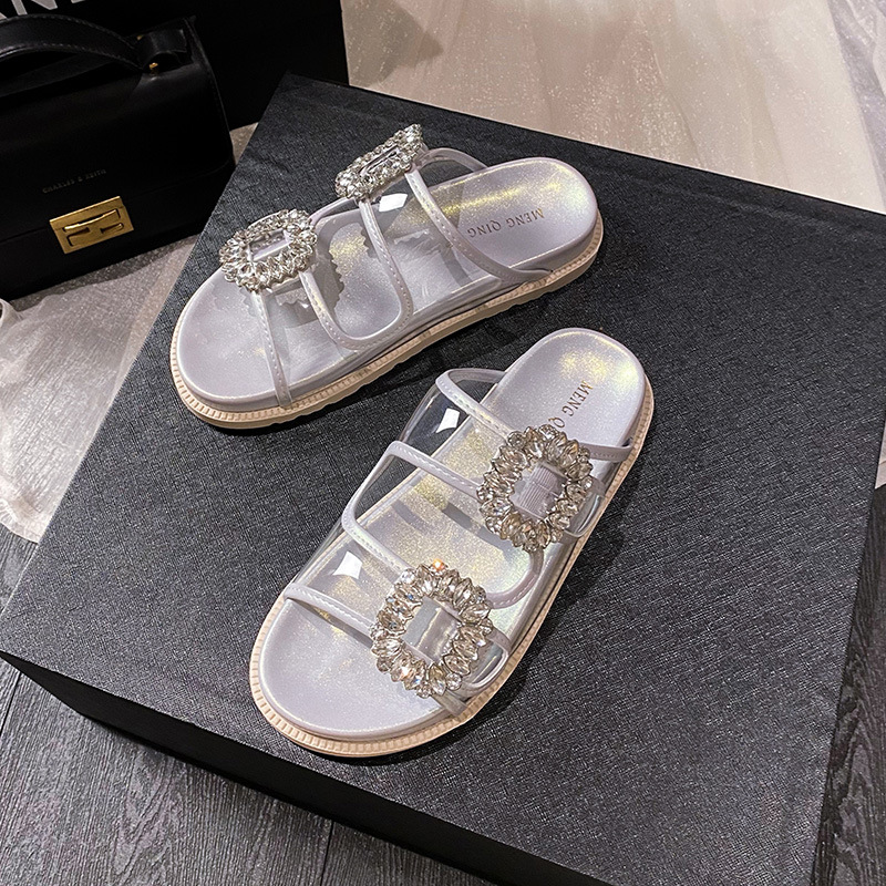 2025 Woman Slippers Clear Band Crystal Buckle Shoes Ladies Flipps Home Femmes Flats Summer Transparent Slides Sandali 4b20