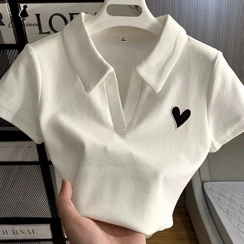 Loves Embroidery Tshirt Polo Collar Orthoshoulder Slim sweet Womens Crop Top Korean Fashion tie Simple Casual Wholesale 240830