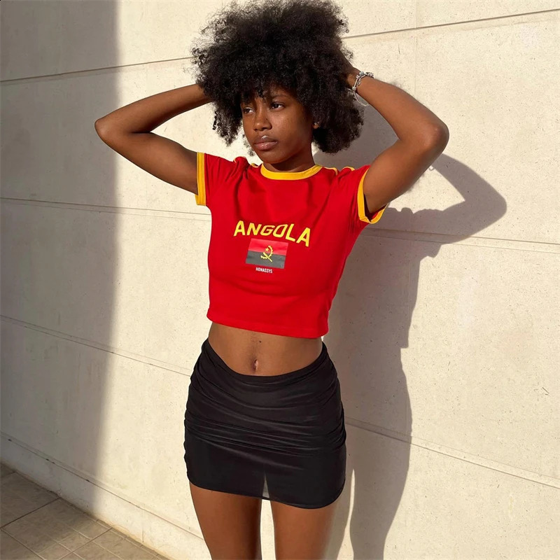 Angola womens letter printed Tshirt summer Oneck short sleeved ultrathin baby Y2K 2000s casual crop top street clothing 240830