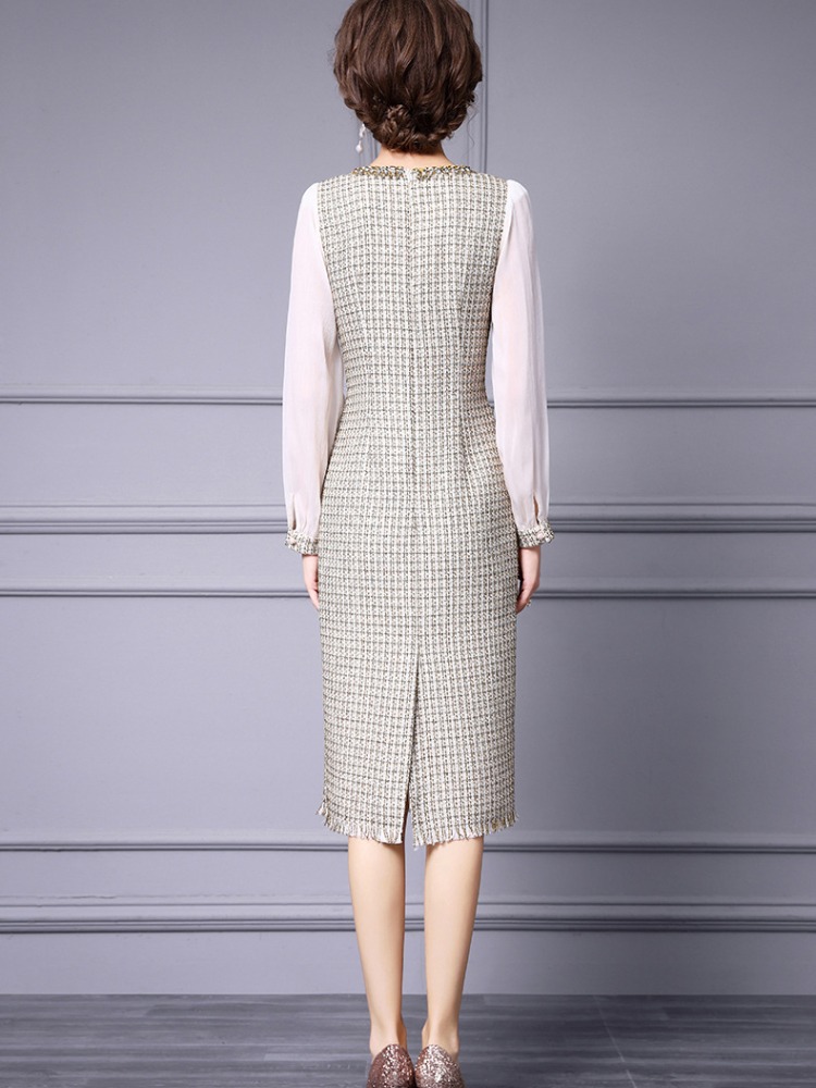 OC 409M90 Basic Casual Dresses Autumn and Winter Coarse Floral Woolen Commuting Skirt Customization Top Women's Dress Handmade Nail Drill