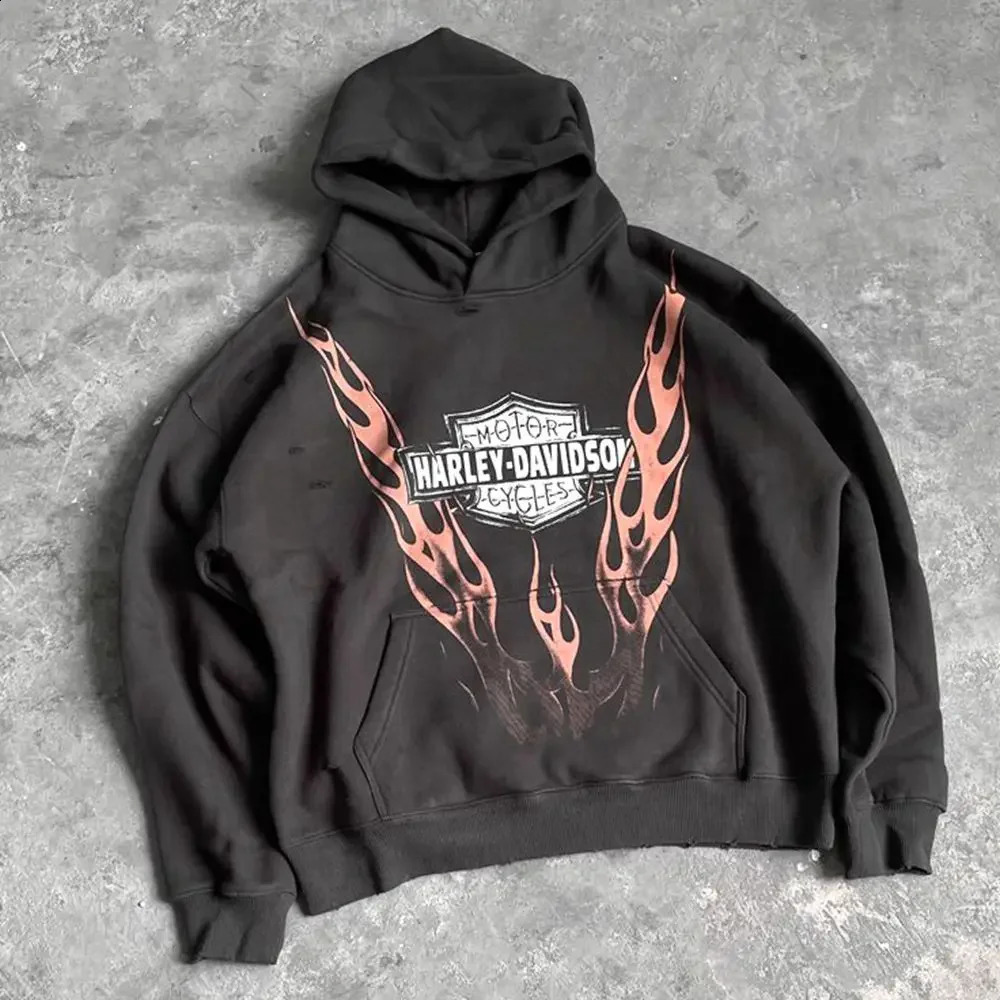 Y2K American Retro Long Sleeve Hoodie Casual Mens Top Sweatshirt Graphic Print Streetwear Oversized Hip Hop 240830