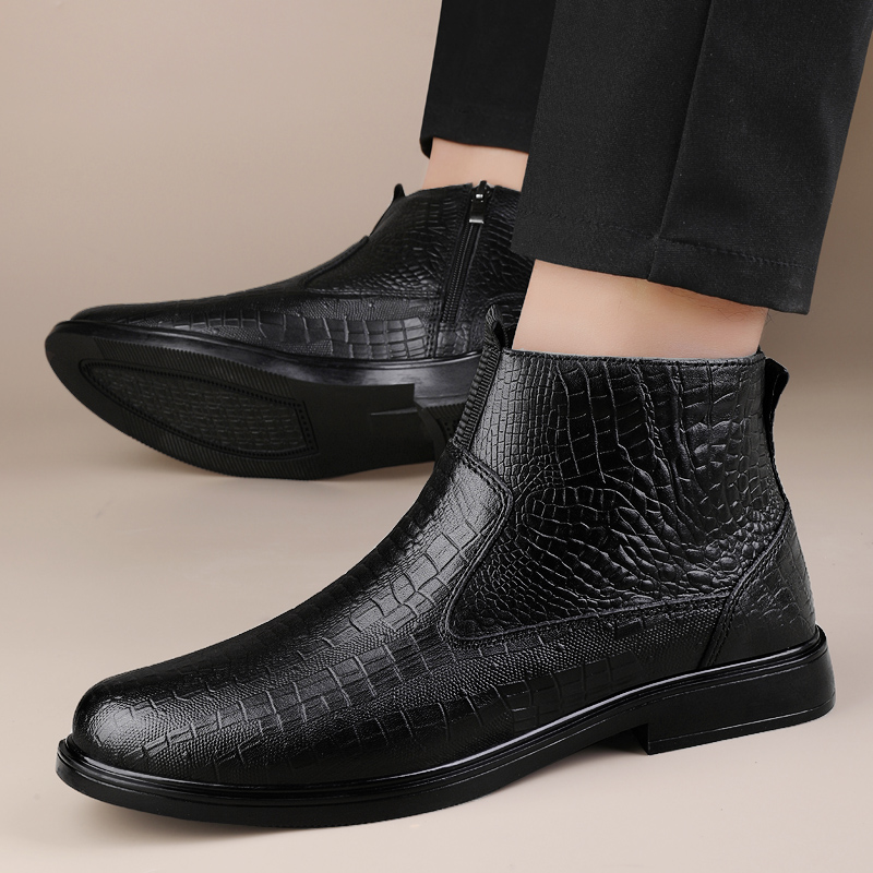 Fashionable Business Combat Boots for Men Autumn /Winter New Classic Black Zipper Side Crocodile Pattern Comfortable Short Boots