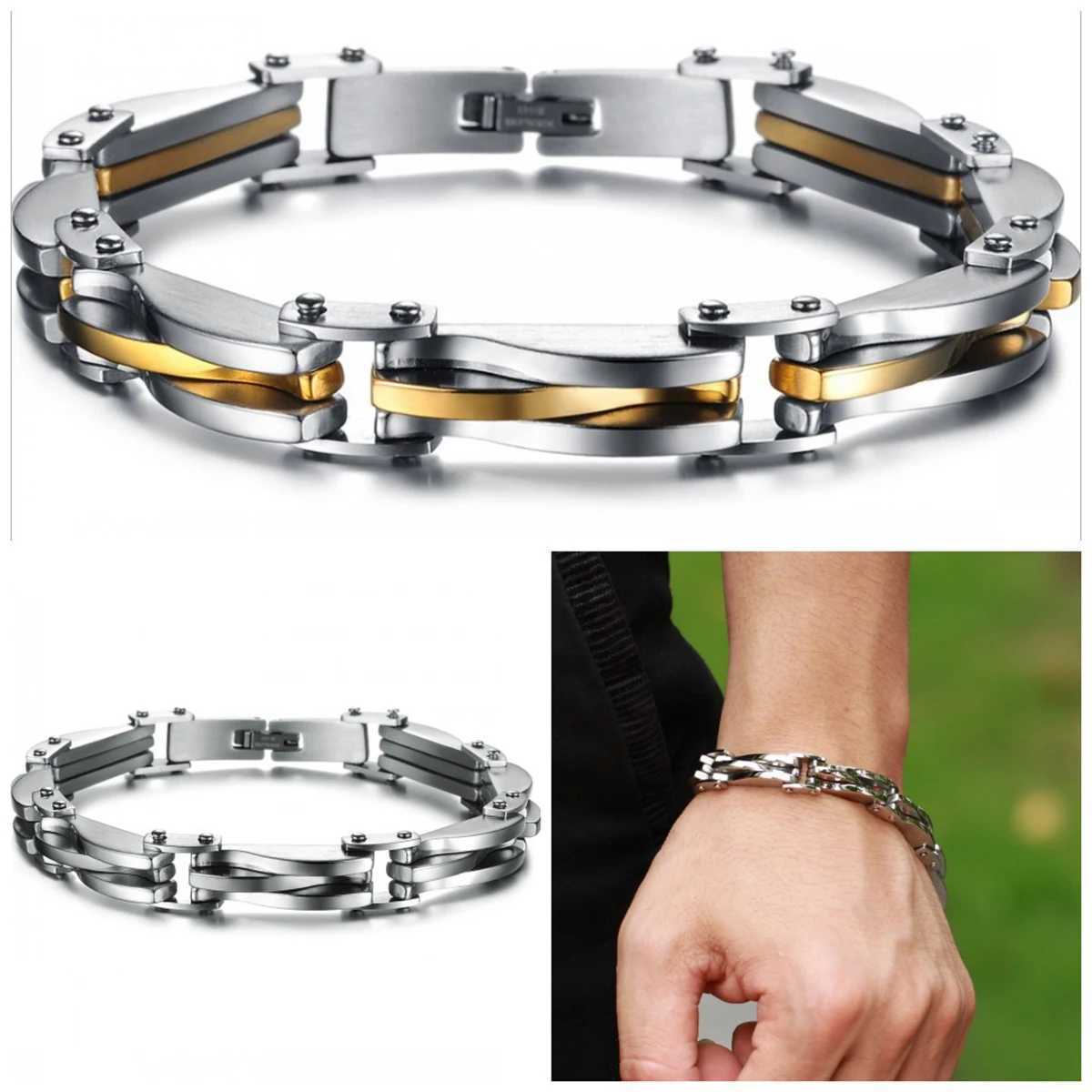 BONISKISS Mens Stainless Steel Double tone Diamond Cool Chain Bracelet Cuff Gold/Silver Colored Wristband Jewelry Christmas Gift W240830