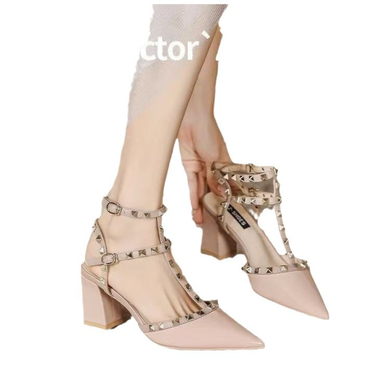 Summer high-heeled women's sandals Fashion brand design pointed rivet red casual shoes Large size 41-43
