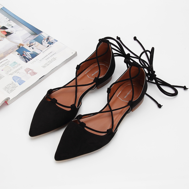 5cb0d cross-tied gladiator sexy summer woman pointe toe cut out flat lace up ballet flats Roman style D'orsay shoes big size 43 s