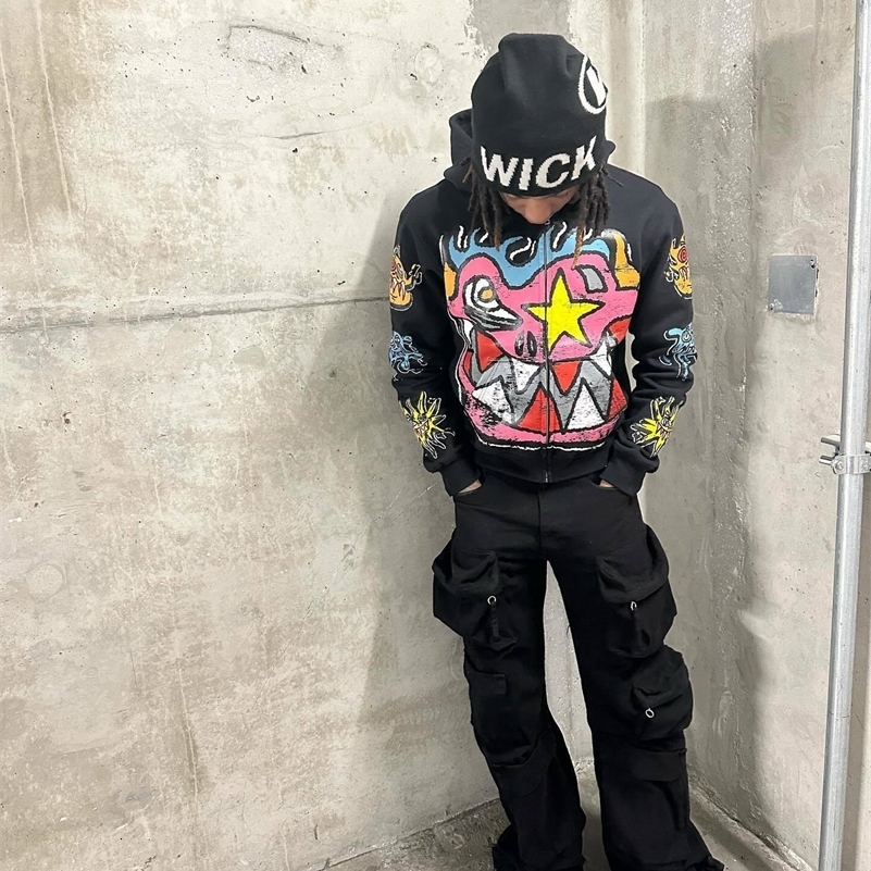 American Retro Street Hip Hop Pattern Print Men Hoodie Y2k Gothic Punk Oversized Women Streetwear Pullover Harajuku Sweatshirt 240830