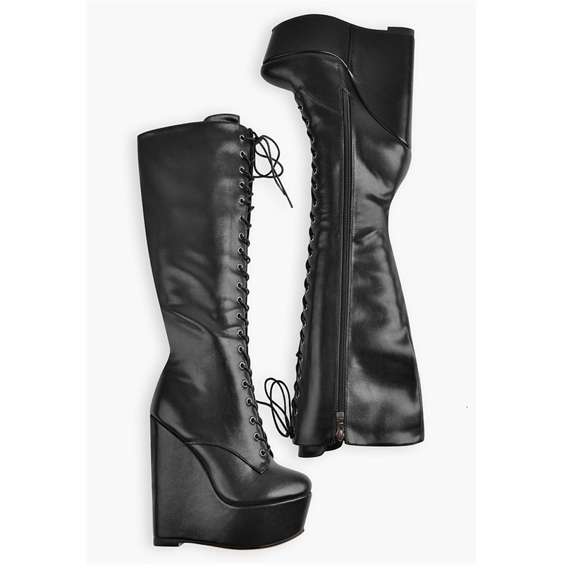 Onlymaker Women Platform Wedge Heels Knee High Lace Up Side Zip Heeled Plus Size Black Handmade Boots