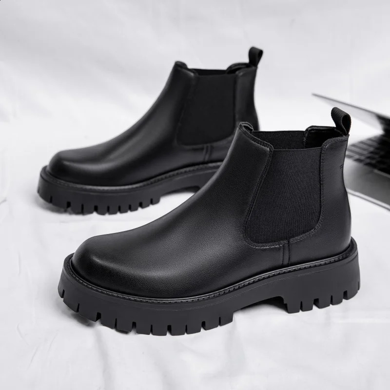 British Style Men Thick Bottom Waterproof Work Shoes Casual Chelsea Fashion Classic Leather Boots Comfy High Top Round Toe Boots 240830