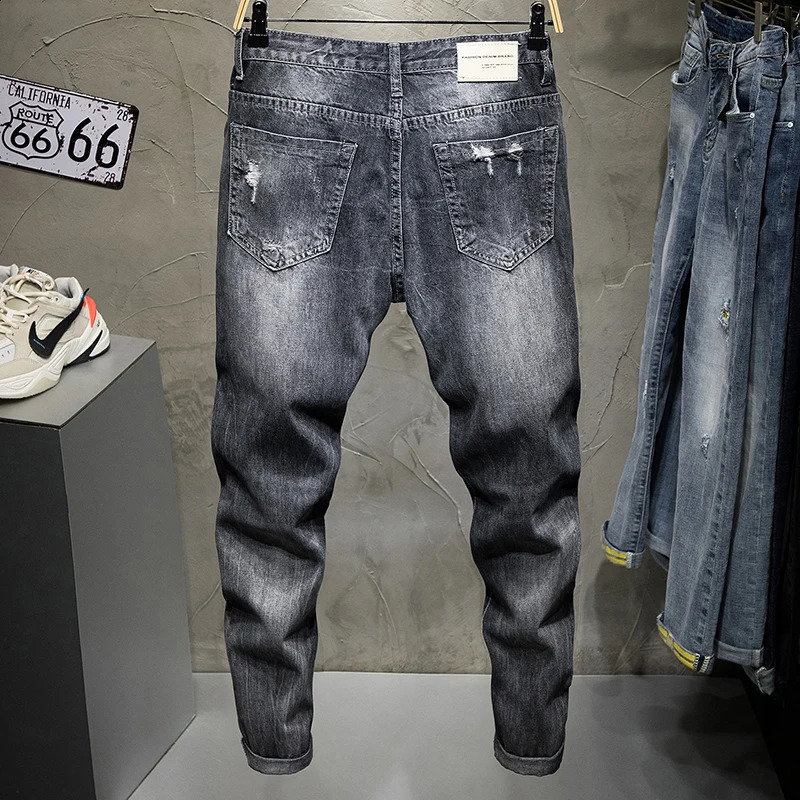 Hip Hop Jeans Men Ripped Denim Gray Hollow Out Ankle Length Pants Streetwear Distressed Frayed Holes Desinger 2024 Summer 240826Z