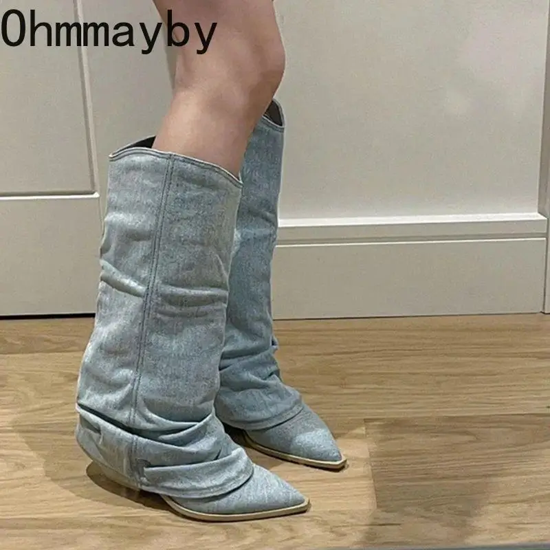 Western Women Cowboy Boots Fashion Slip On Thick Heel Long Booties Retro Style Autumn Winter Female Denim Shoes ac64