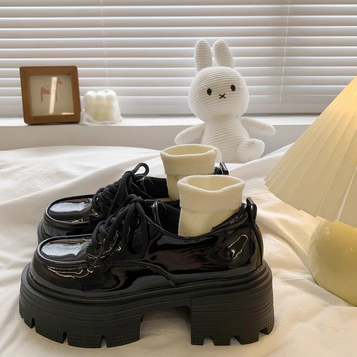 Women's black lace up thick soled single shoe fashionable Mary Jane small leather shoes 241115