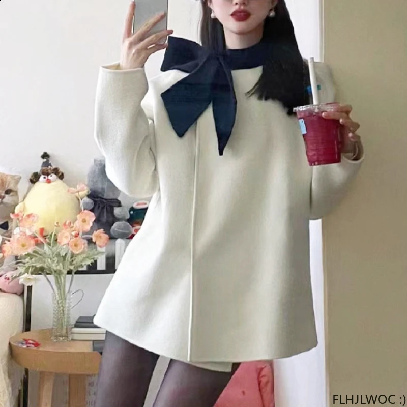 Cute Long Coat Robe Outerwear Retro Vintage Preppy Chic Korea Japan Style Woolen Blends Bow Tie Coats Winter Spring 240830
