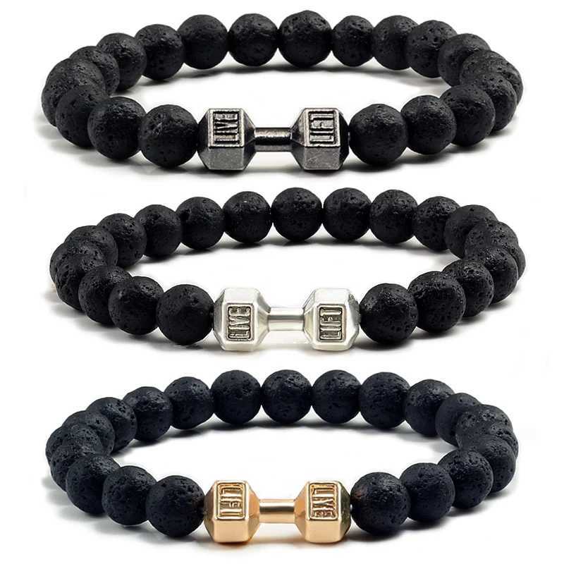 High quality mens bead bracelet natural black fused rock dumbbell charm bracelet energy fitness barbell fashionable womens jewelry W240830