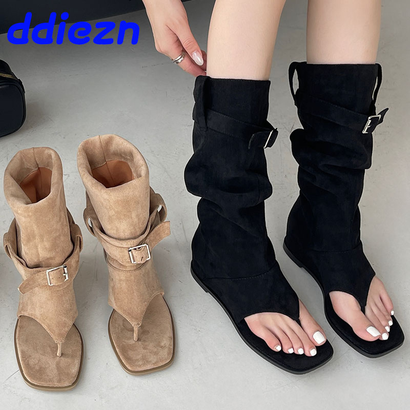 2025 new Female Fashion Height Increasing New Footwear Western Women Knee High Buckle Ladies Sandals Boots Flip ps Shoes