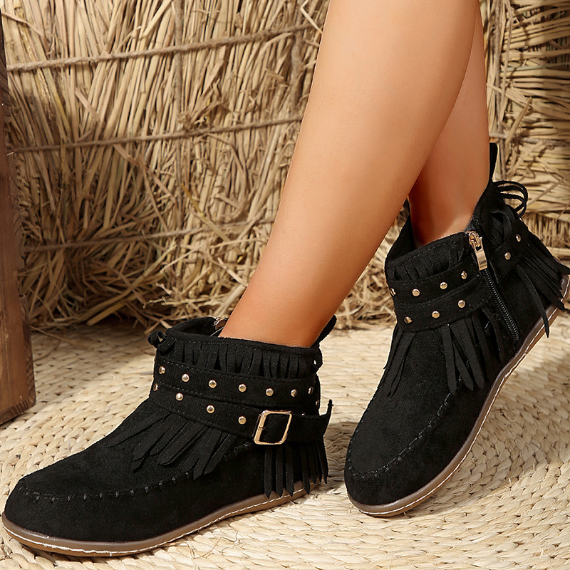 Winter Women Large Size Rivet Woman Retro Ethnic Western Cowboy Block Flat Heels Tassel Fringe Ankle Boots bf3a