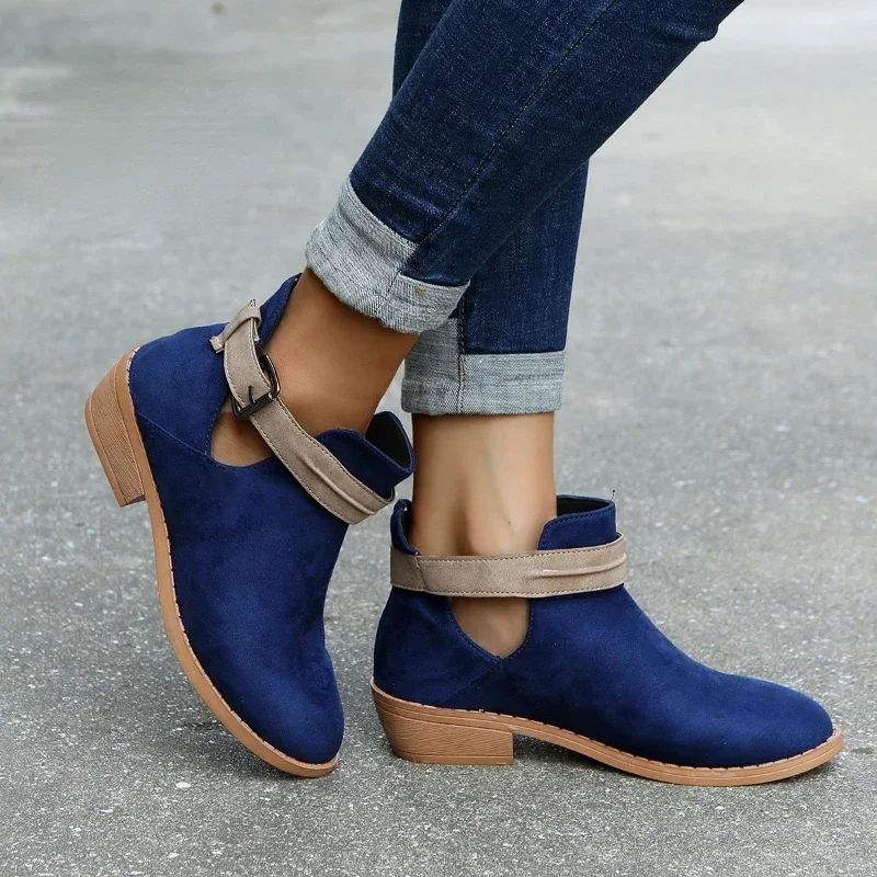 Ankle Women Square Heel Vintage Leather Shoes Female Autumn Buckle Strap Round Toe Casual Short Boots Plus Size 35-43 2e54