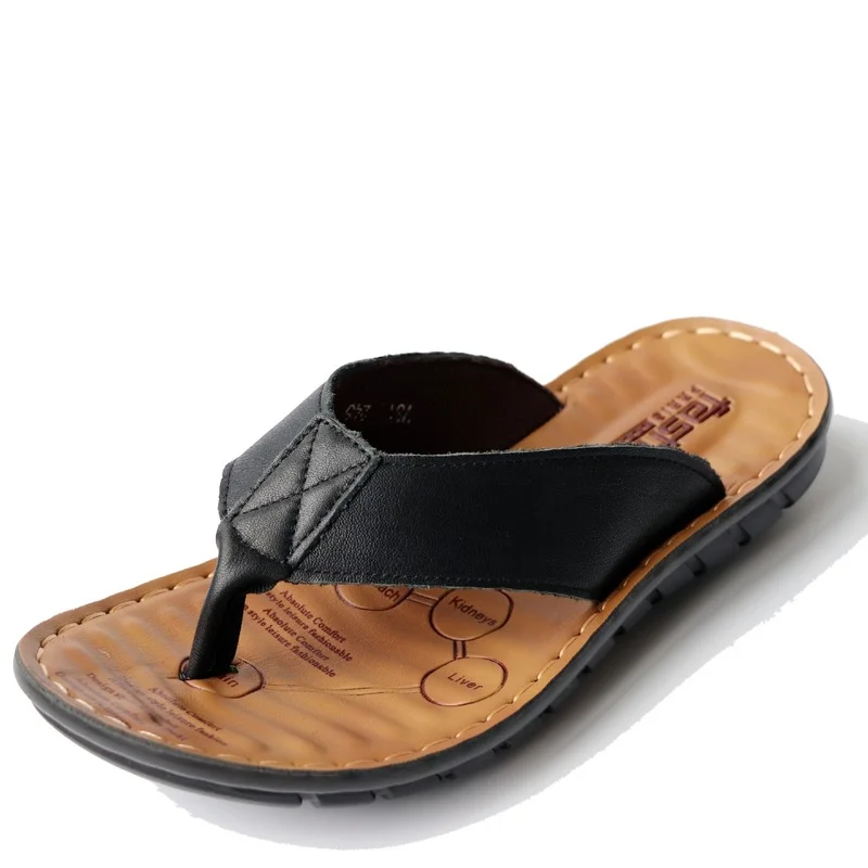 Men's Leather Flip ps Shoes Outdoor Beach Casual Slippers Trend Flat Non-slip Clip Toe Sandalias Large New Size 72a5