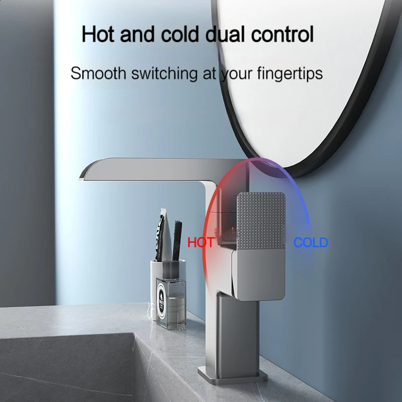 Basin style faucet waterfall LED light temperature digital display 360 degree rotating and cold water sink mixer bathroom wash face 240830