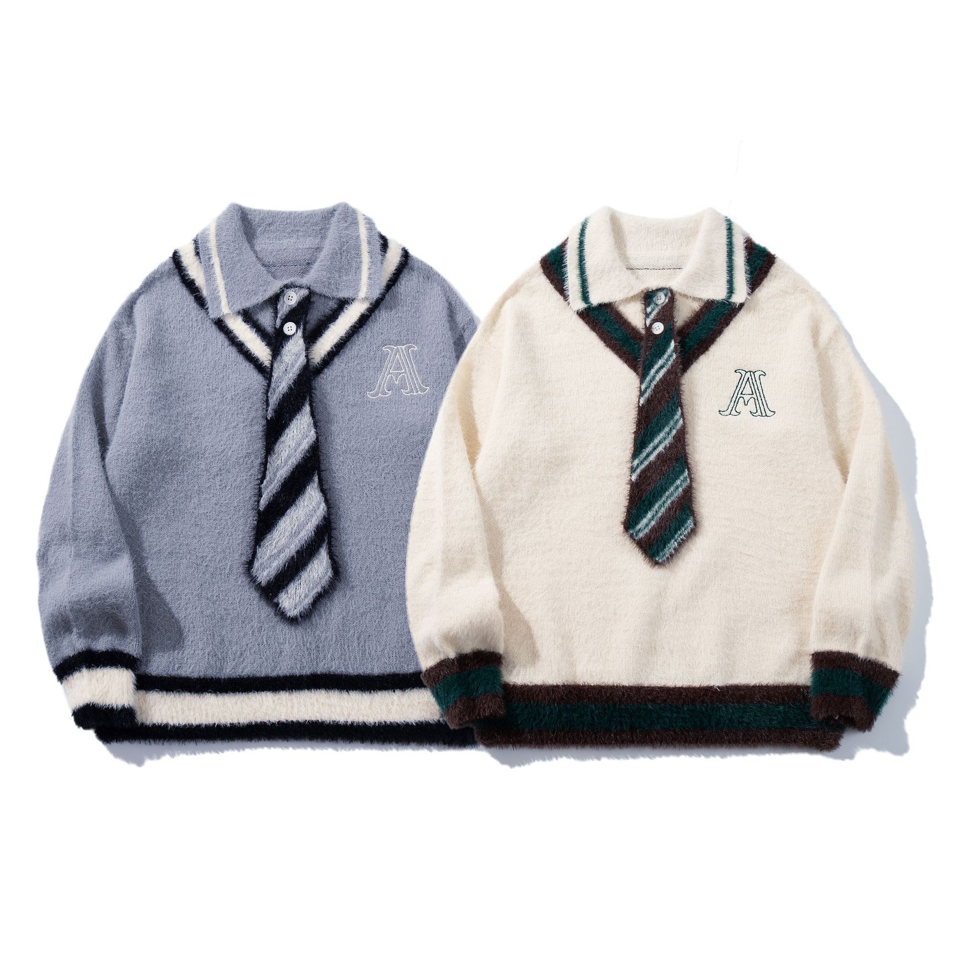 Cityboy Tie Decoration Collar Sweater Mens and Womens Ins College Style Loose Knitted Sweater