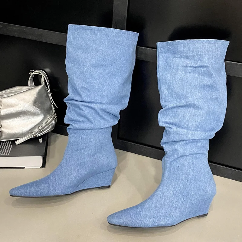 Eilyken 2024 Winter DENIM Pleated Pointed Toe Women Knee-High Boots Fashion Design Wedges High Heels Female Shoes cd16