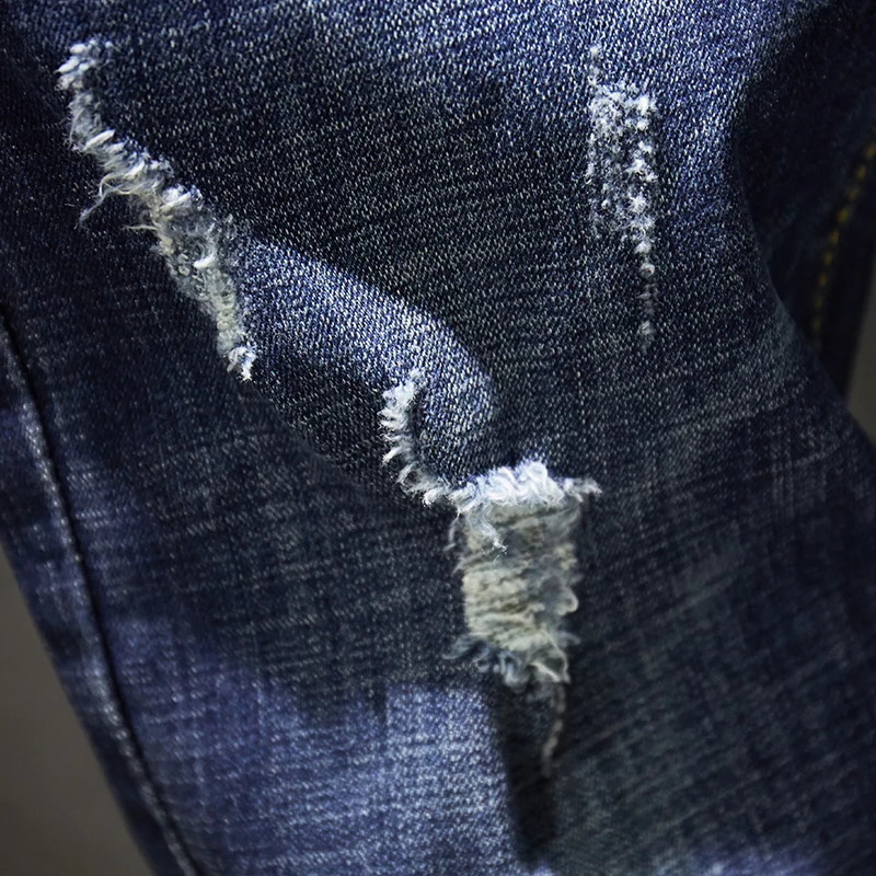 Moto Biker Jeans For Men Dark Blue Stretch Slim Fit Distrssed Ripped Denim Pants Clothes Long Trousers Hip Hop Frayed 240826Z